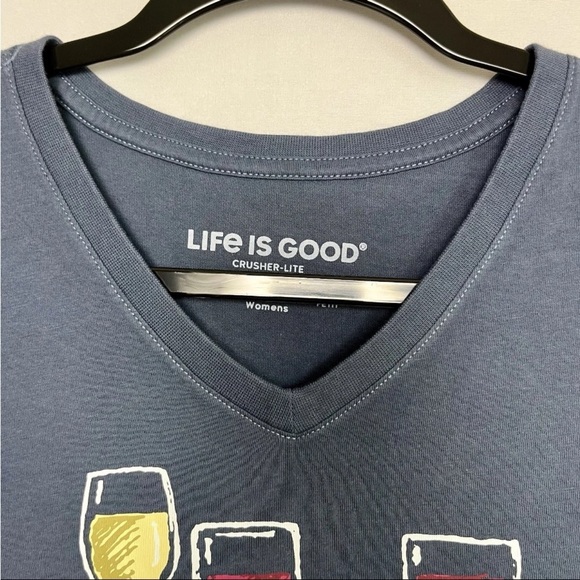 Life is Good Women Sz S I Need Wine Glasses Crusher Tee V Neck Navy Blue NWT - Picture 8 of 11